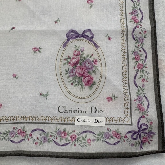Christian Dior Accessories - CHRISTIAN DIOR Scarf Handkerchief Floral Rose Ribbon Cotton White Fashion 18.5"